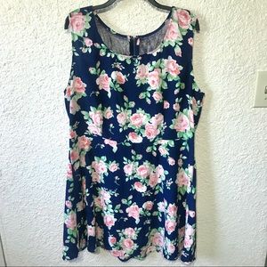 Blue Floral Print Lace Detail Sleeveless Dress XL